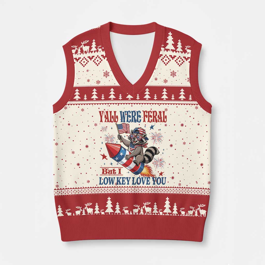 Y'all were Feral But I Low Key Love You V-Neck Knit Sweater Vest Raccoon Cute Teacher 4th of July TS14 Beige Red Print Your Wear