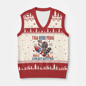 Y'all were Feral But I Low Key Love You V-Neck Knit Sweater Vest Raccoon Cute Teacher 4th of July TS14 Beige Red Print Your Wear