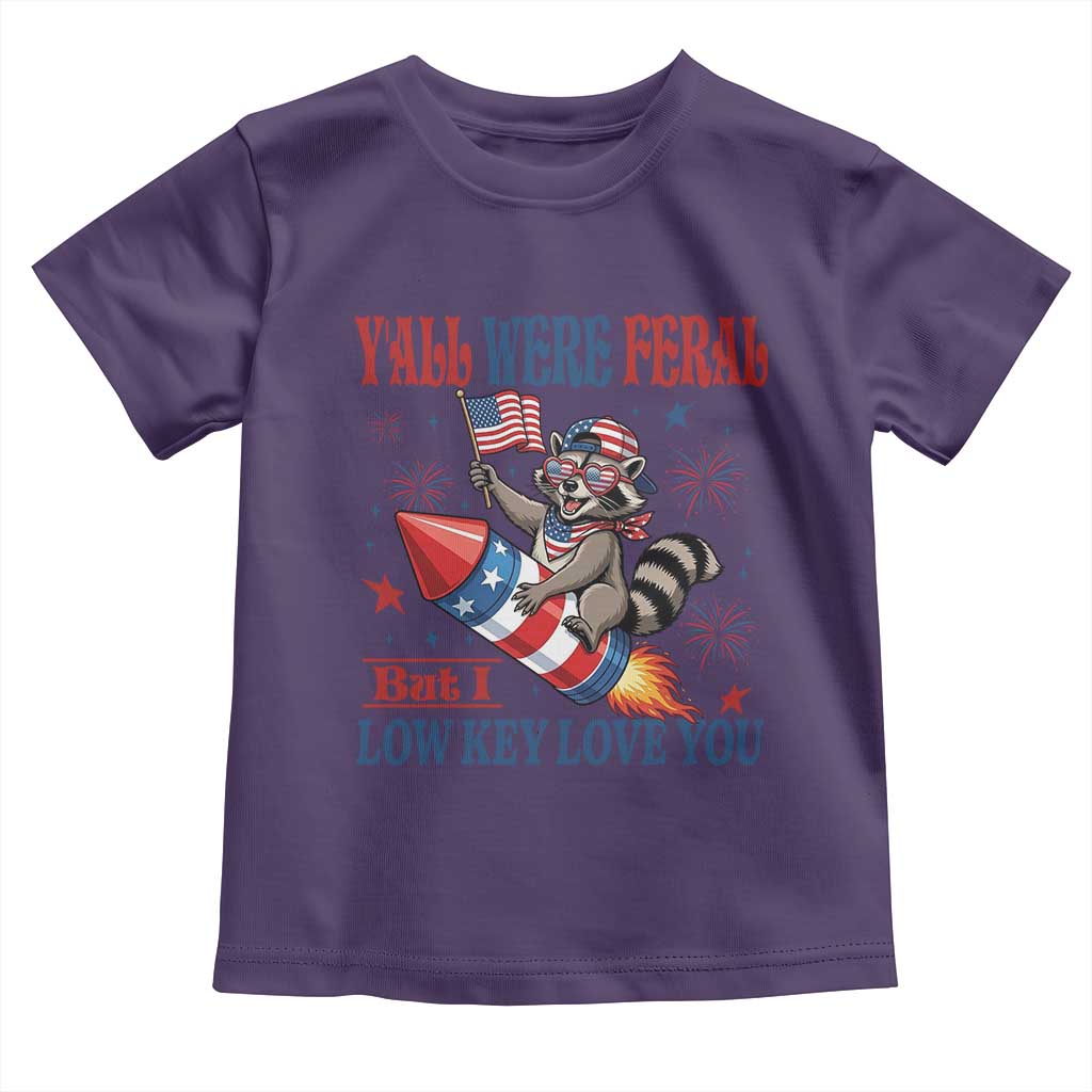 Y'all were Feral But I Low Key Love You Toddler T Shirt Raccoon Cute Teacher 4th of July TS14 Purple Print Your Wear