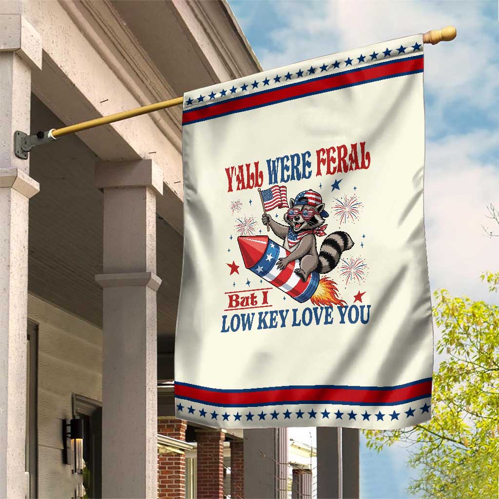 Y'all were Feral But I Low Key Love You Patriotic Garden Flag Raccoon Cute Teacher 4th of July TS14 Modern Beige Red Print Your Wear