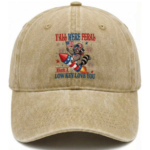 Y'all were Feral But I Low Key Love You Washed Cotton Baseball Cap Raccoon Cute Teacher 4th of July