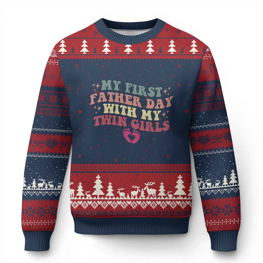 My First Fathers Day With Twin Girls Ugly Christmas Sweater Funny New Dad Gift TS14 Navy Red Print Your Wear