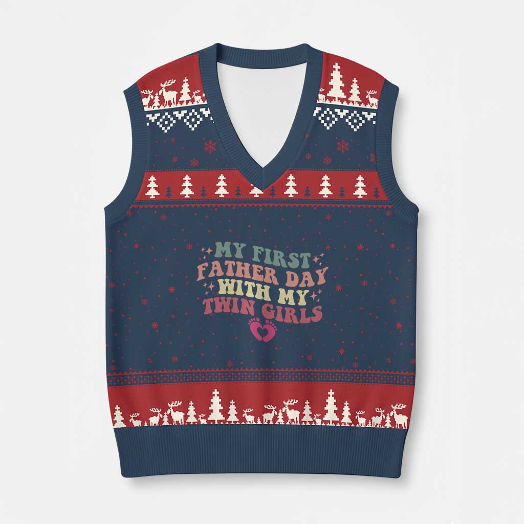 My First Fathers Day With Twin Girls V-Neck Knit Sweater Vest Funny New Dad Gift TS14 Navy Red Print Your Wear