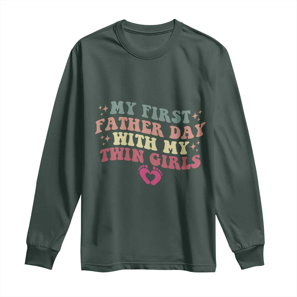 My First Fathers Day With Twin Girls Long Sleeve Shirt Funny New Dad Gift TS14 Dark Forest Green Print Your Wear