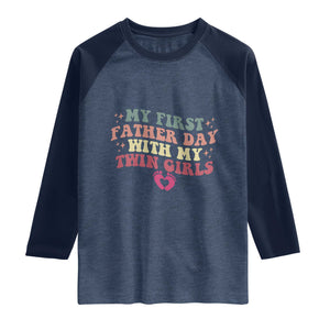 My First Fathers Day With Twin Girls Raglan Shirt Funny New Dad Gift TS14 Heather Denim Navy Print Your Wear