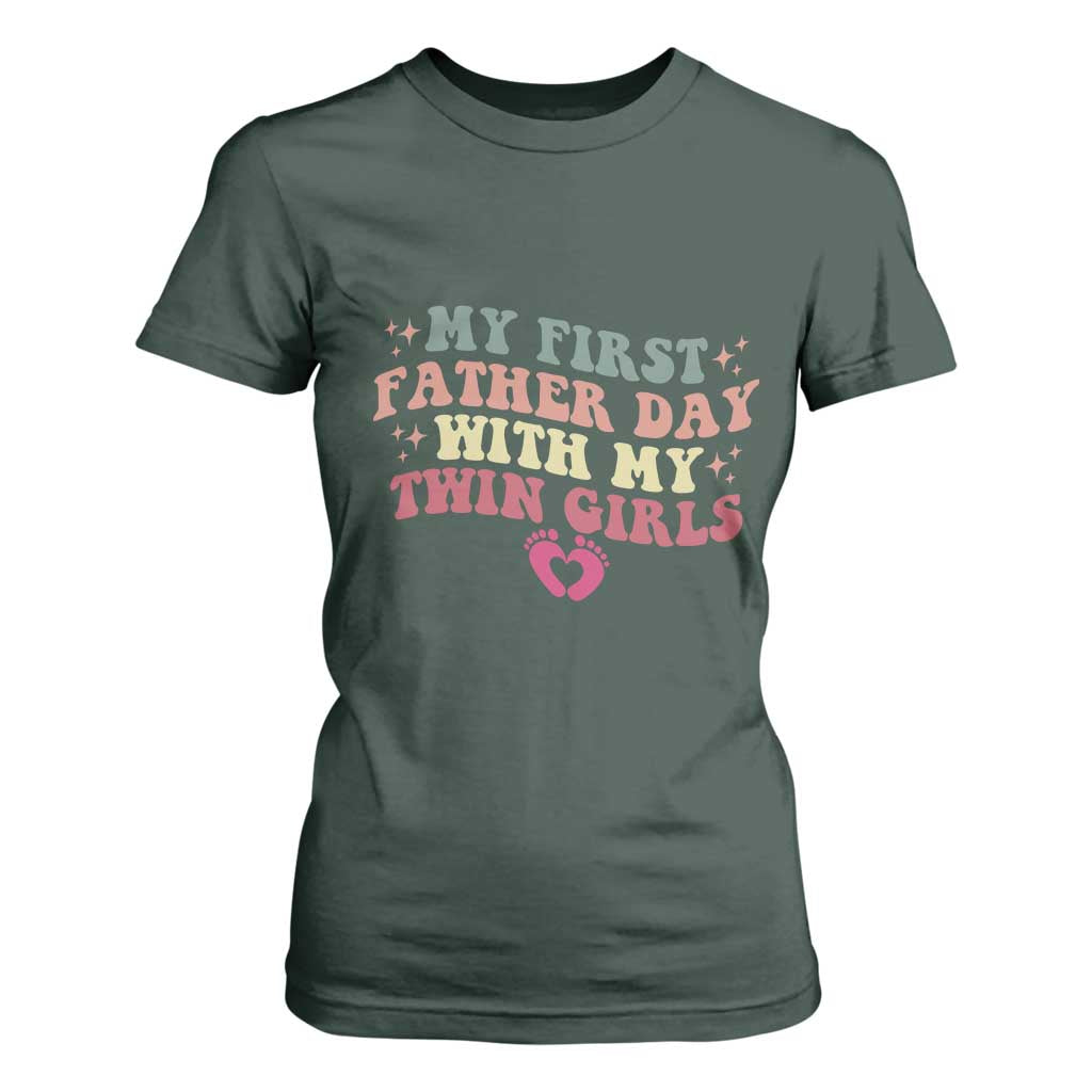 My First Fathers Day With Twin Girls T Shirt For Women Funny New Dad Gift