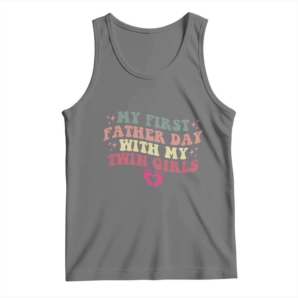 My First Fathers Day With Twin Girls Tank Top Funny New Dad Gift TS14 Black Heather Print Your Wear