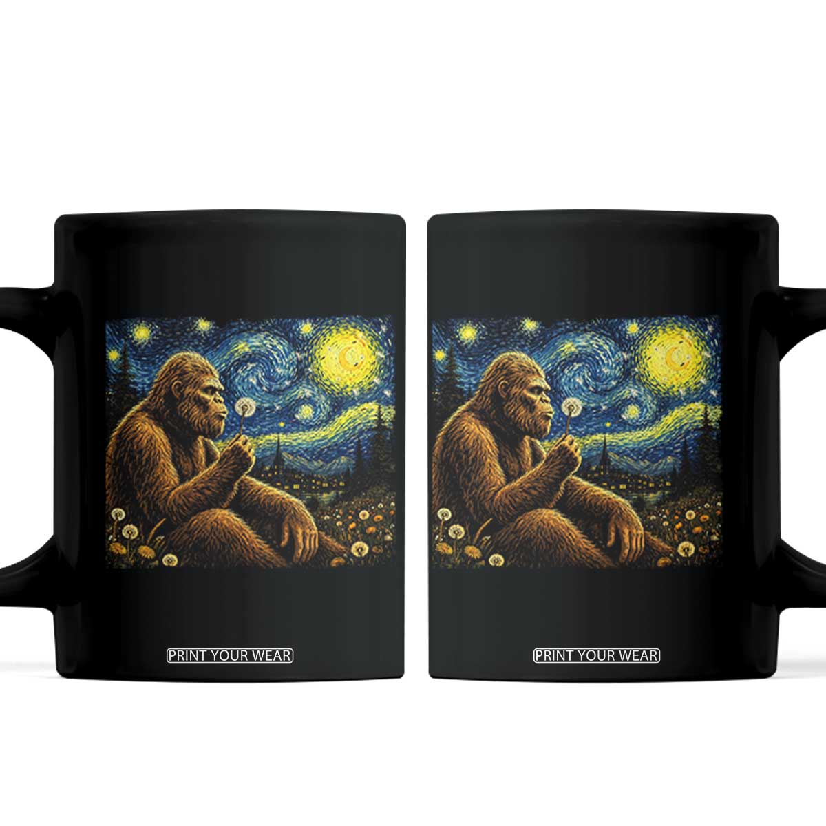 Bigfoot Blowing Dandelion Starry Night Coffee Mug Cryptid Mythical Creature National Park Monster Gift TS14 Black Print Your Wear