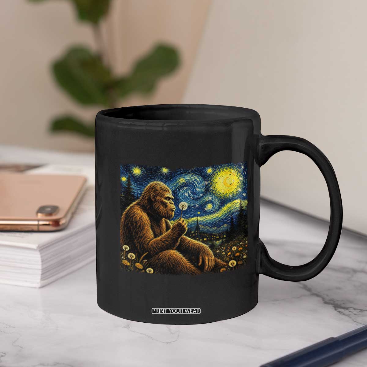 Bigfoot Blowing Dandelion Starry Night Coffee Mug Cryptid Mythical Creature National Park Monster Gift TS14 Print Your Wear