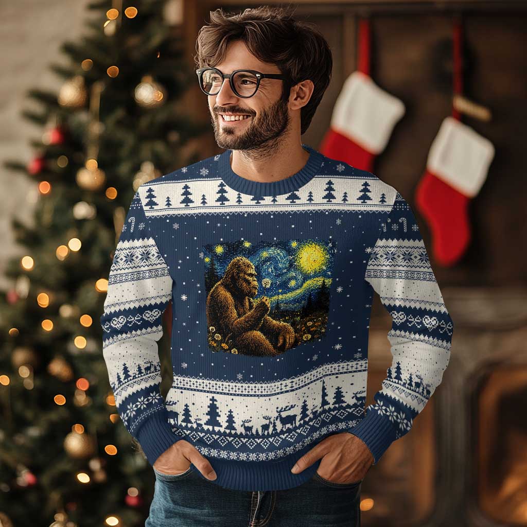 Bigfoot Blowing Dandelion Starry Night Ugly Christmas Sweater Cryptid Mythical Creature National Park Monster Gift TS14 Navy Beige Print Your Wear