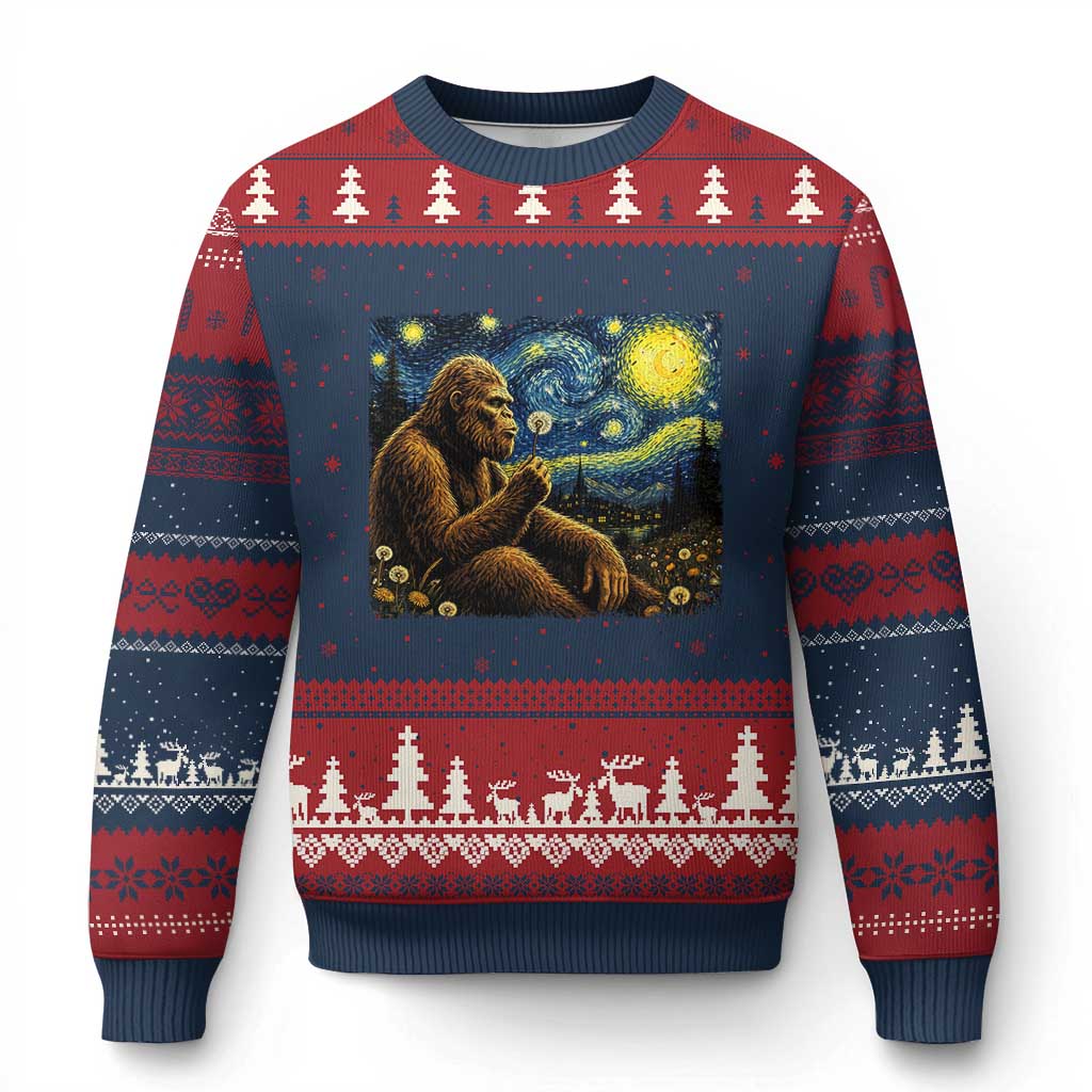 Bigfoot Blowing Dandelion Starry Night Ugly Christmas Sweater Cryptid Mythical Creature National Park Monster Gift TS14 Navy Red Print Your Wear