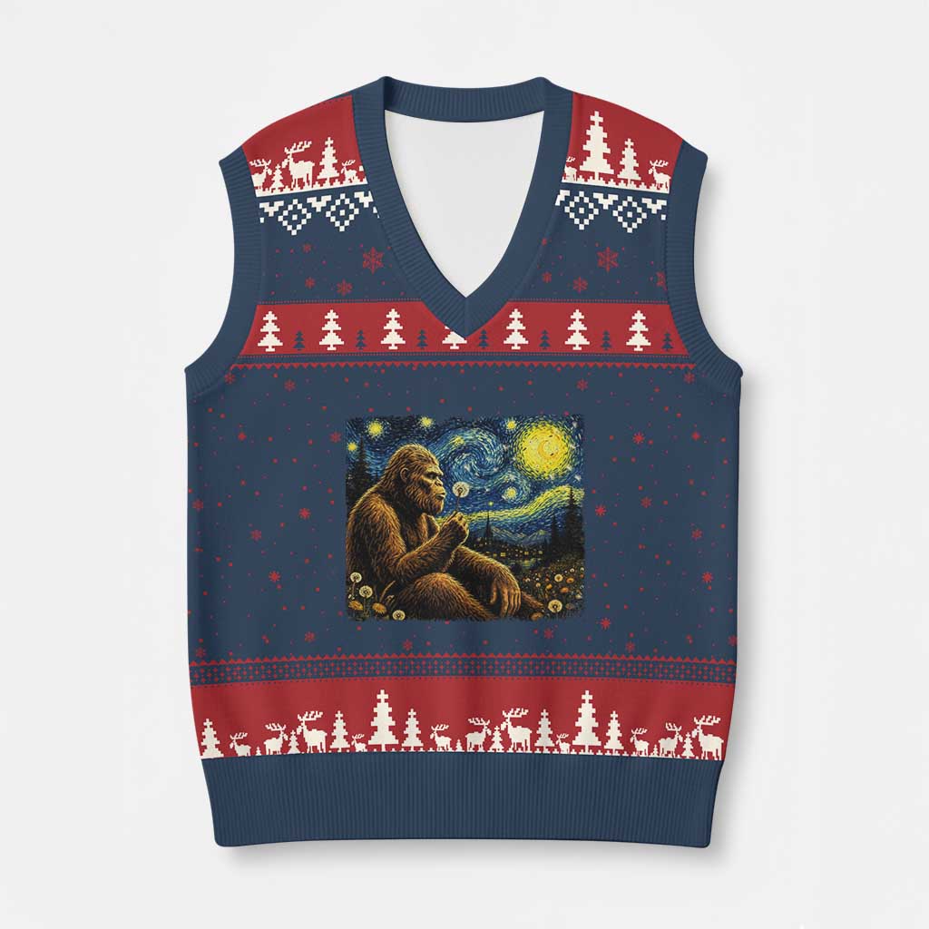 Bigfoot Blowing Dandelion Starry Night V-Neck Knit Sweater Vest Cryptid Mythical Creature National Park Monster Gift TS14 Navy Red Print Your Wear