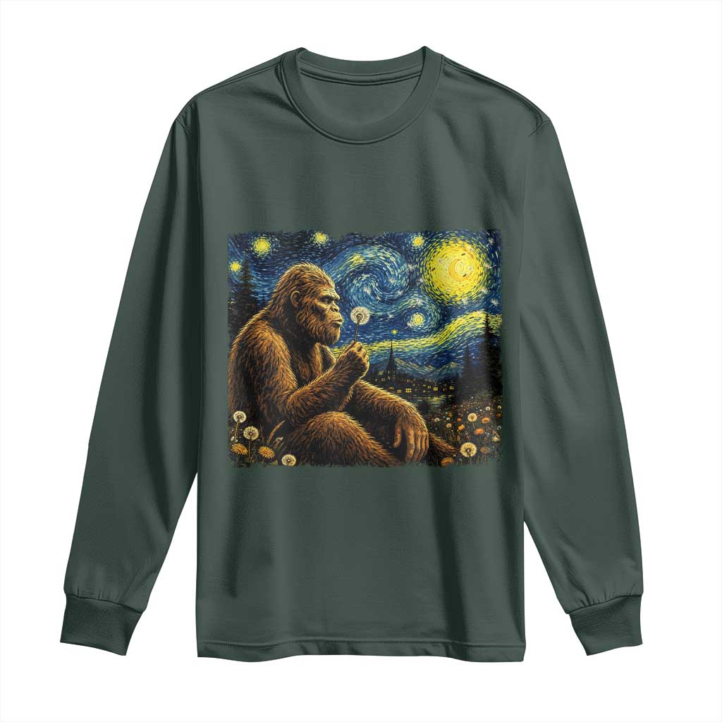 Bigfoot Blowing Dandelion Starry Night Long Sleeve Shirt Cryptid Mythical Creature National Park Monster Gift TS14 Dark Forest Green Print Your Wear