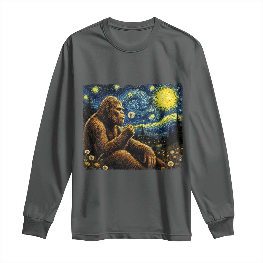 Bigfoot Blowing Dandelion Starry Night Long Sleeve Shirt Cryptid Mythical Creature National Park Monster Gift TS14 Dark Heather Print Your Wear