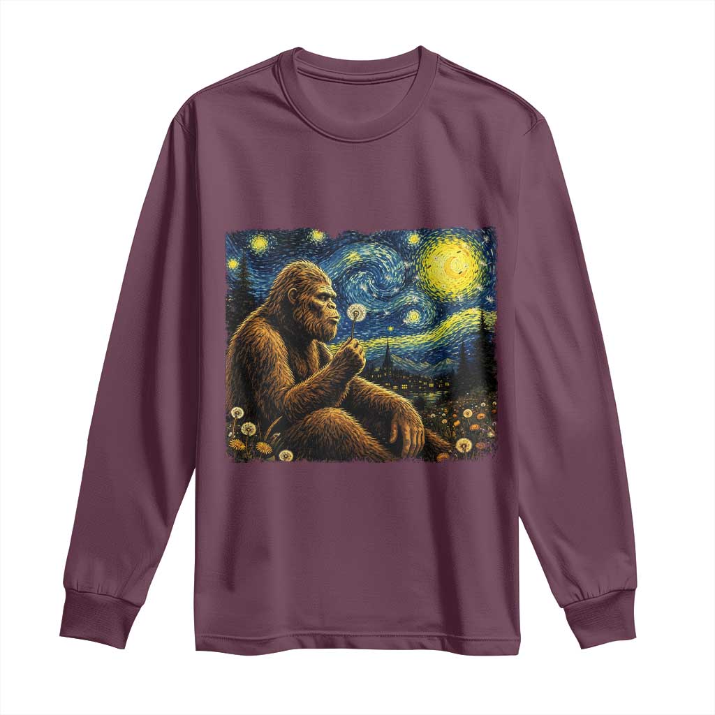 Bigfoot Blowing Dandelion Starry Night Long Sleeve Shirt Cryptid Mythical Creature National Park Monster Gift TS14 Maroon Print Your Wear