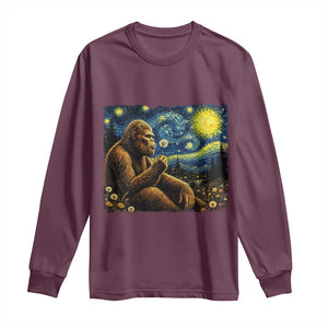 Bigfoot Blowing Dandelion Starry Night Long Sleeve Shirt Cryptid Mythical Creature National Park Monster Gift TS14 Maroon Print Your Wear
