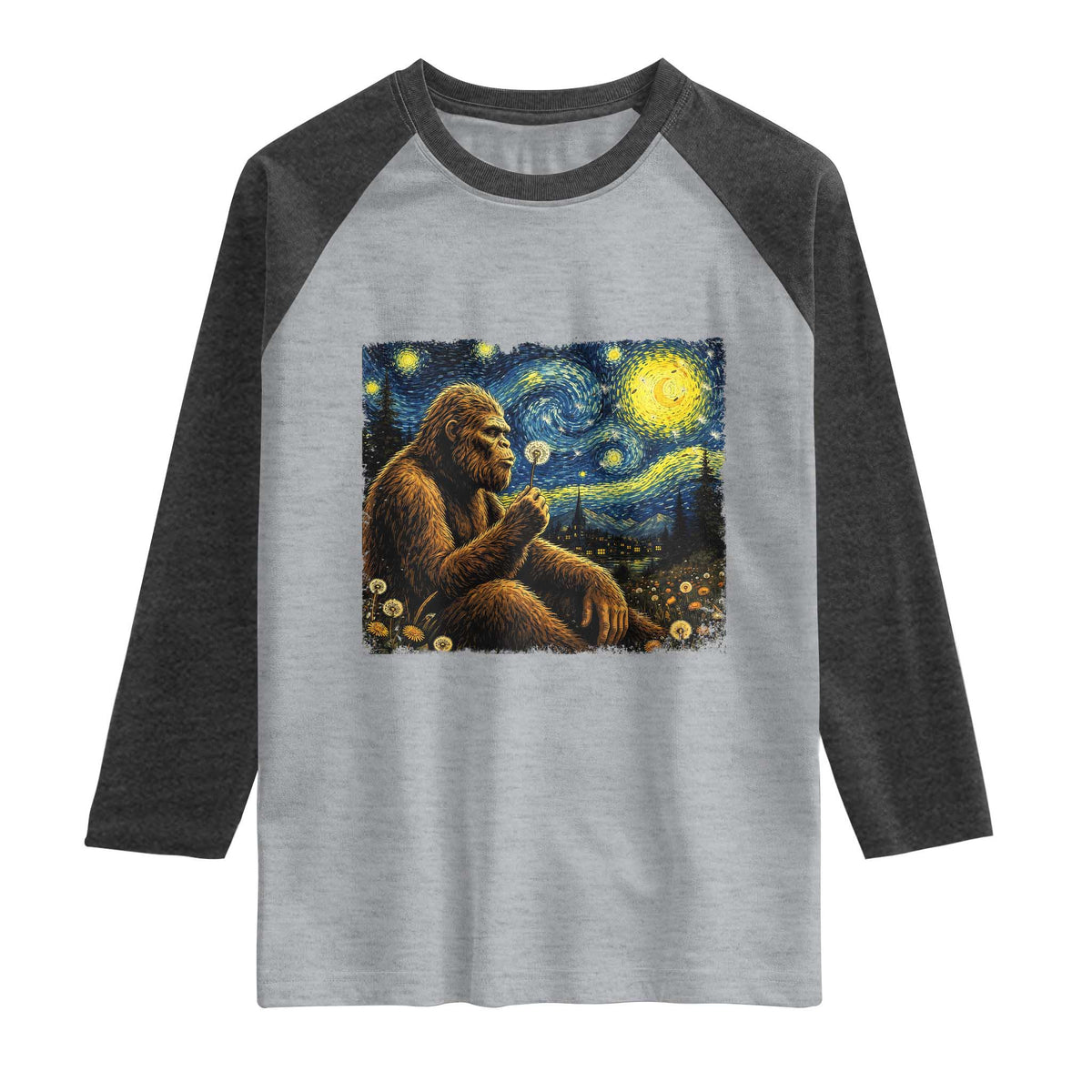 Bigfoot Blowing Dandelion Starry Night Raglan Shirt Cryptid Mythical Creature National Park Monster Gift TS14 Heather Gray Heather Charcoal Print Your Wear