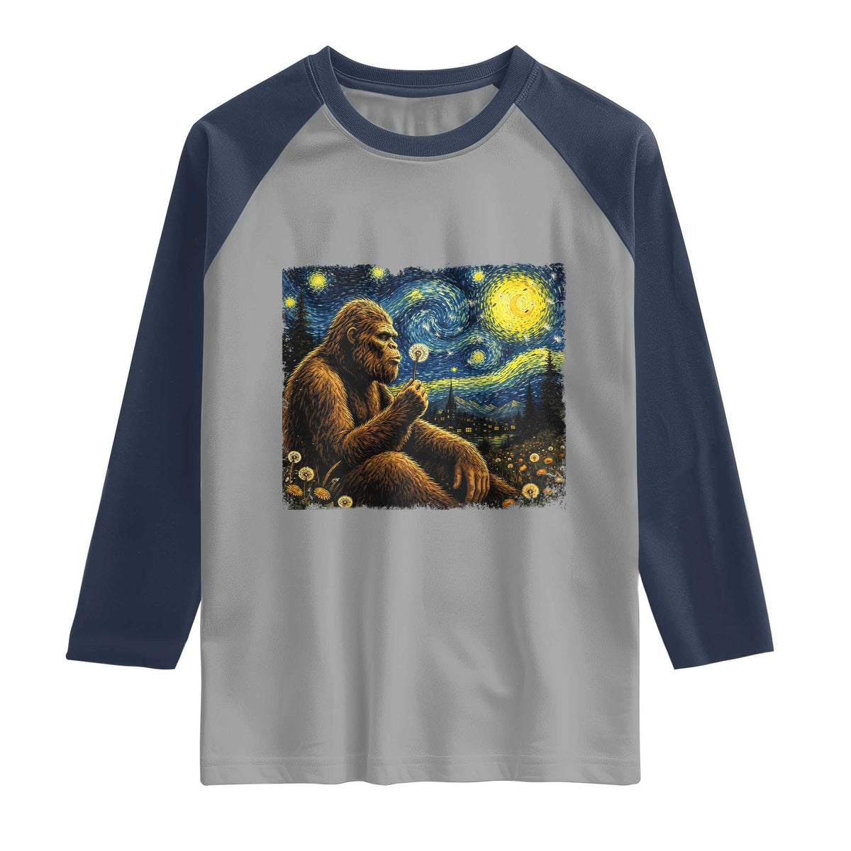 Bigfoot Blowing Dandelion Starry Night Raglan Shirt Cryptid Mythical Creature National Park Monster Gift TS14 Sport Gray Navy Print Your Wear