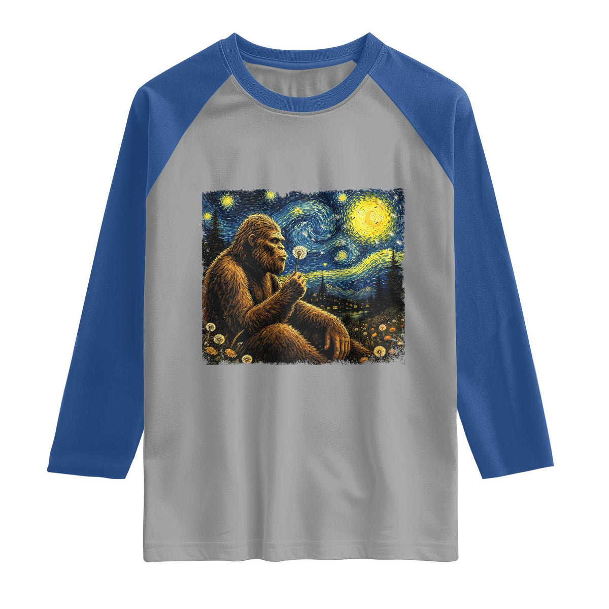 Bigfoot Blowing Dandelion Starry Night Raglan Shirt Cryptid Mythical Creature National Park Monster Gift TS14 Sport Gray Royal Print Your Wear
