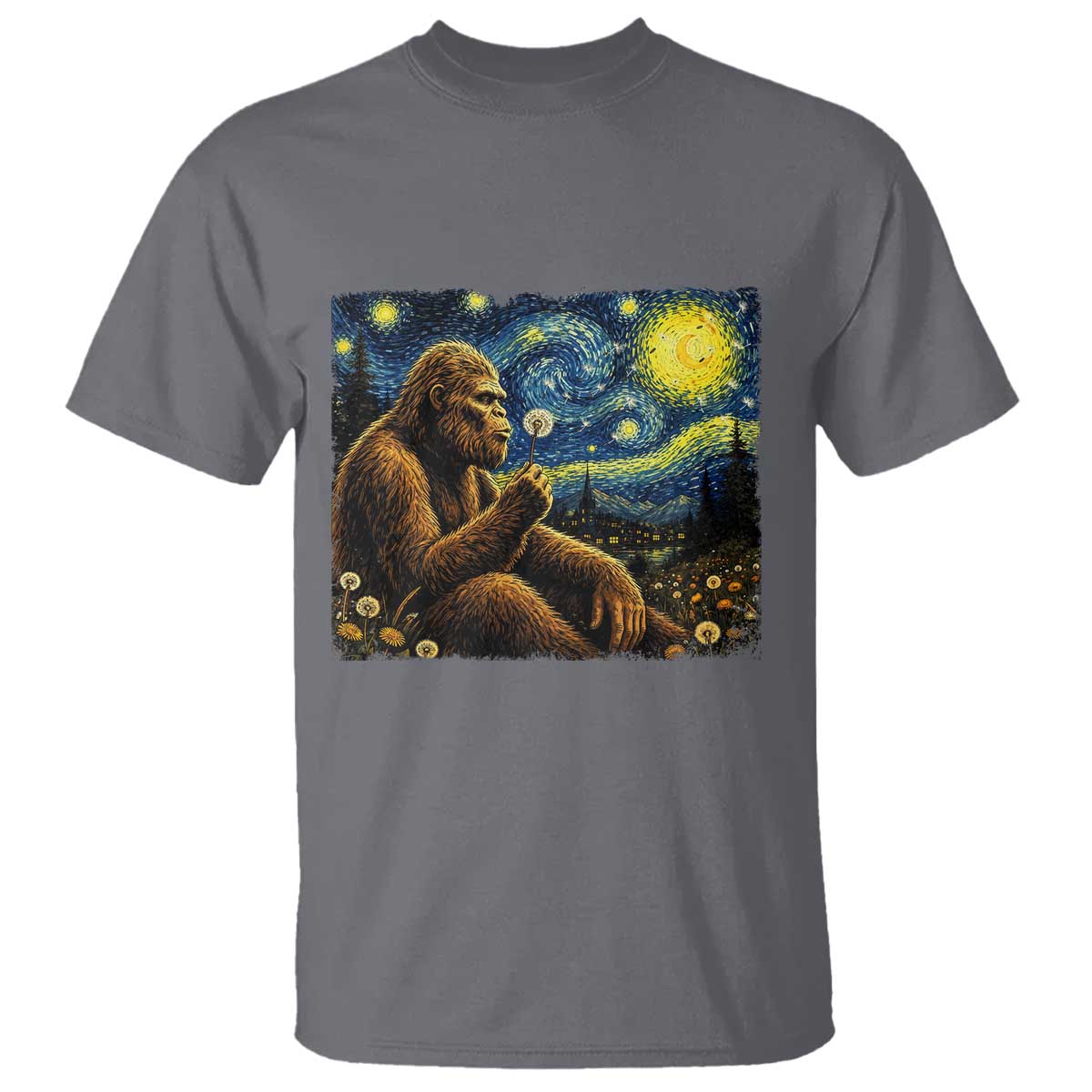 Bigfoot Blowing Dandelion Starry Night T Shirt Cryptid Mythical Creature National Park Monster Gift TS14 Charcoal Print Your Wear