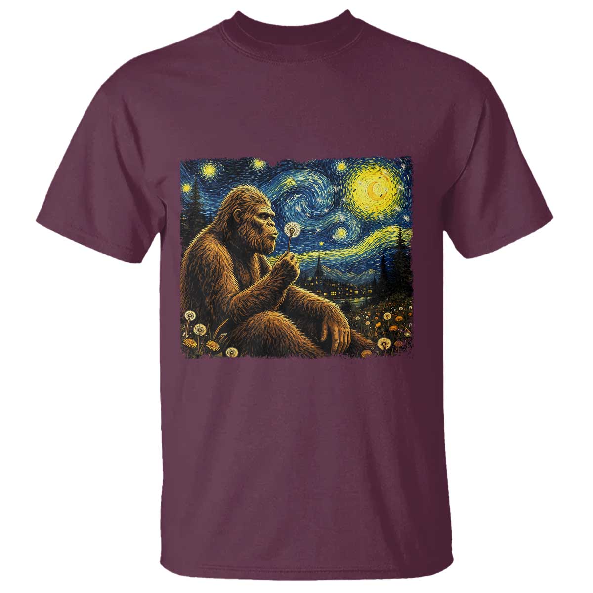 Bigfoot Blowing Dandelion Starry Night T Shirt Cryptid Mythical Creature National Park Monster Gift TS14 Maroon Print Your Wear