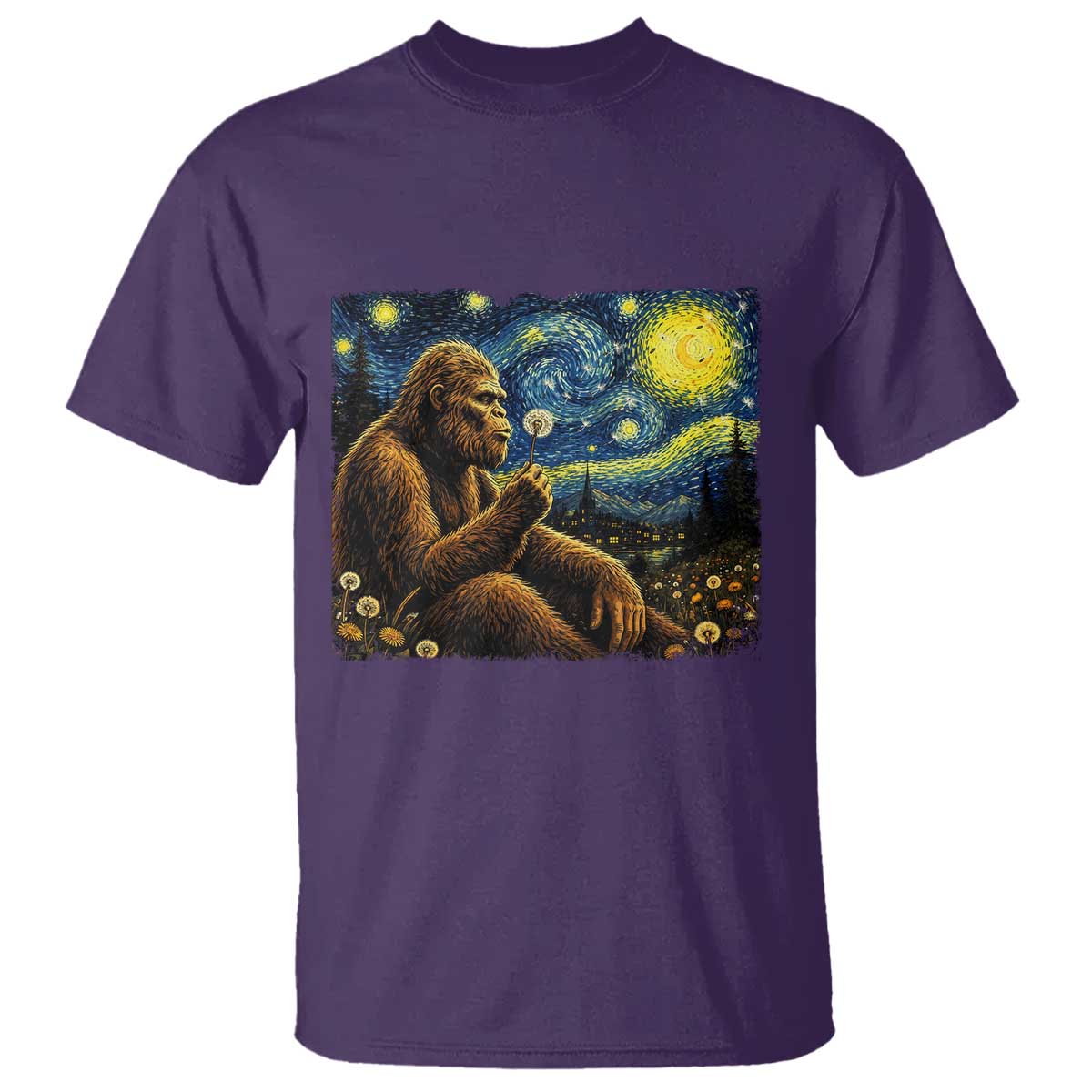 Bigfoot Blowing Dandelion Starry Night T Shirt Cryptid Mythical Creature National Park Monster Gift TS14 Purple Print Your Wear
