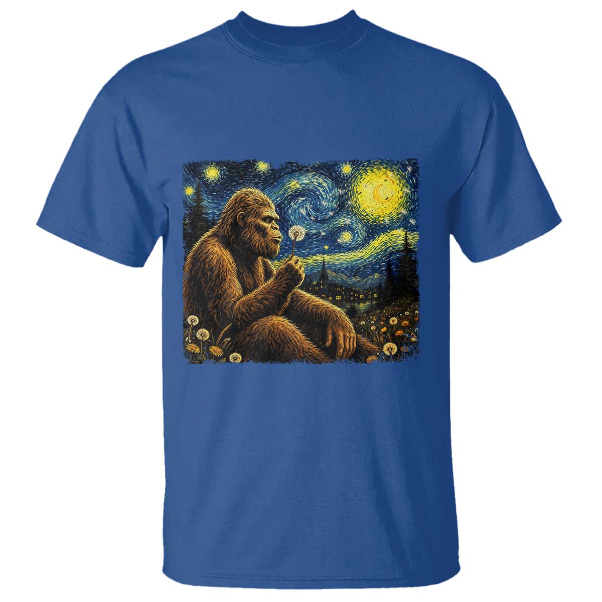 Bigfoot Blowing Dandelion Starry Night T Shirt Cryptid Mythical Creature National Park Monster Gift TS14 Royal Blue Print Your Wear