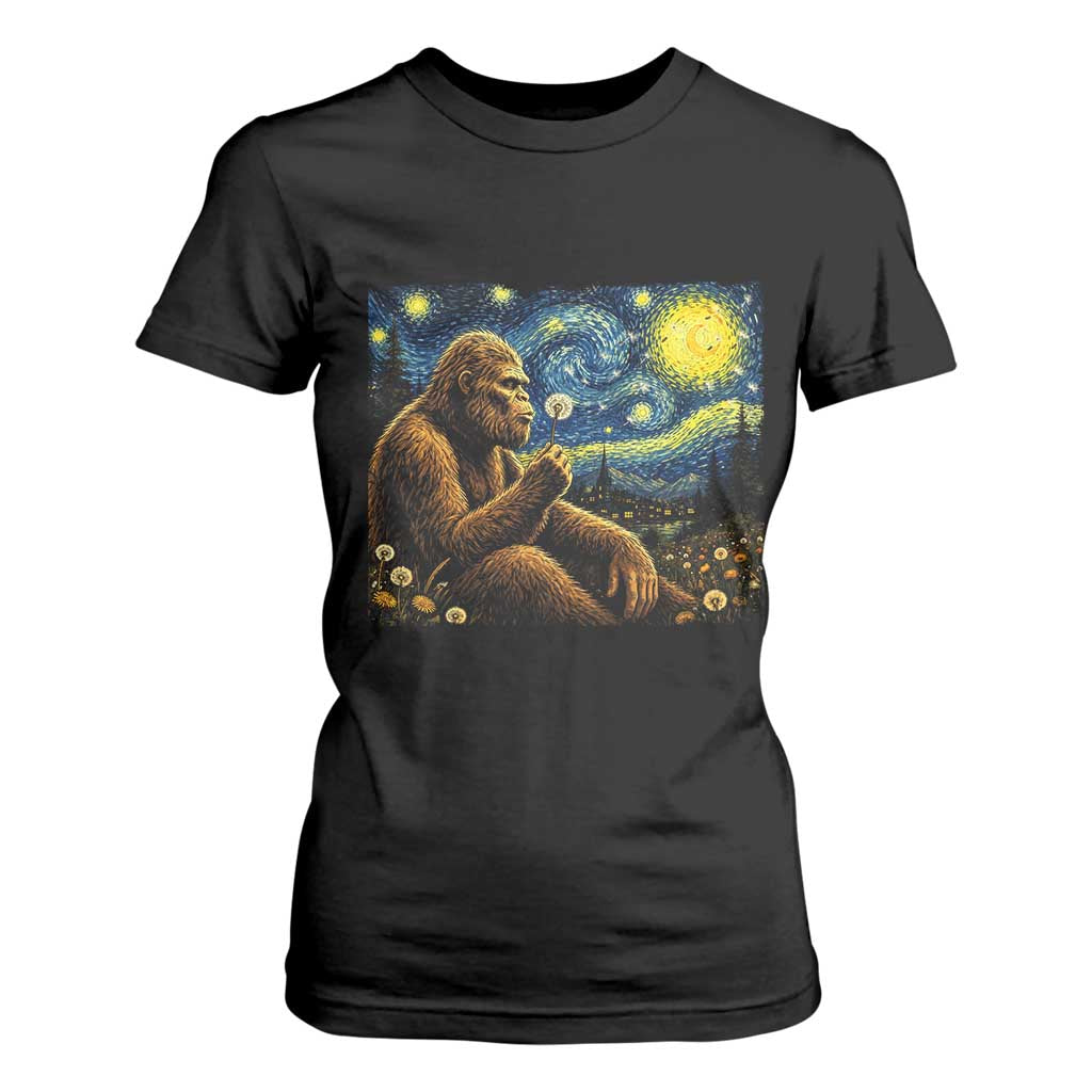 Bigfoot Blowing Dandelion Starry Night T Shirt For Women Cryptid Mythical Creature National Park Monster Gift TS14 Black Print Your Wear
