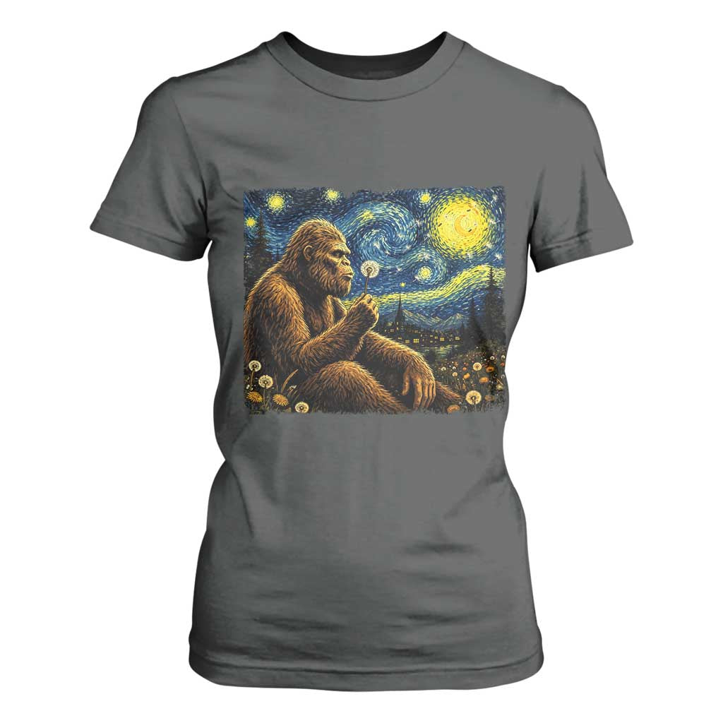 Bigfoot Blowing Dandelion Starry Night T Shirt For Women Cryptid Mythical Creature National Park Monster Gift TS14 Dark Heather Print Your Wear