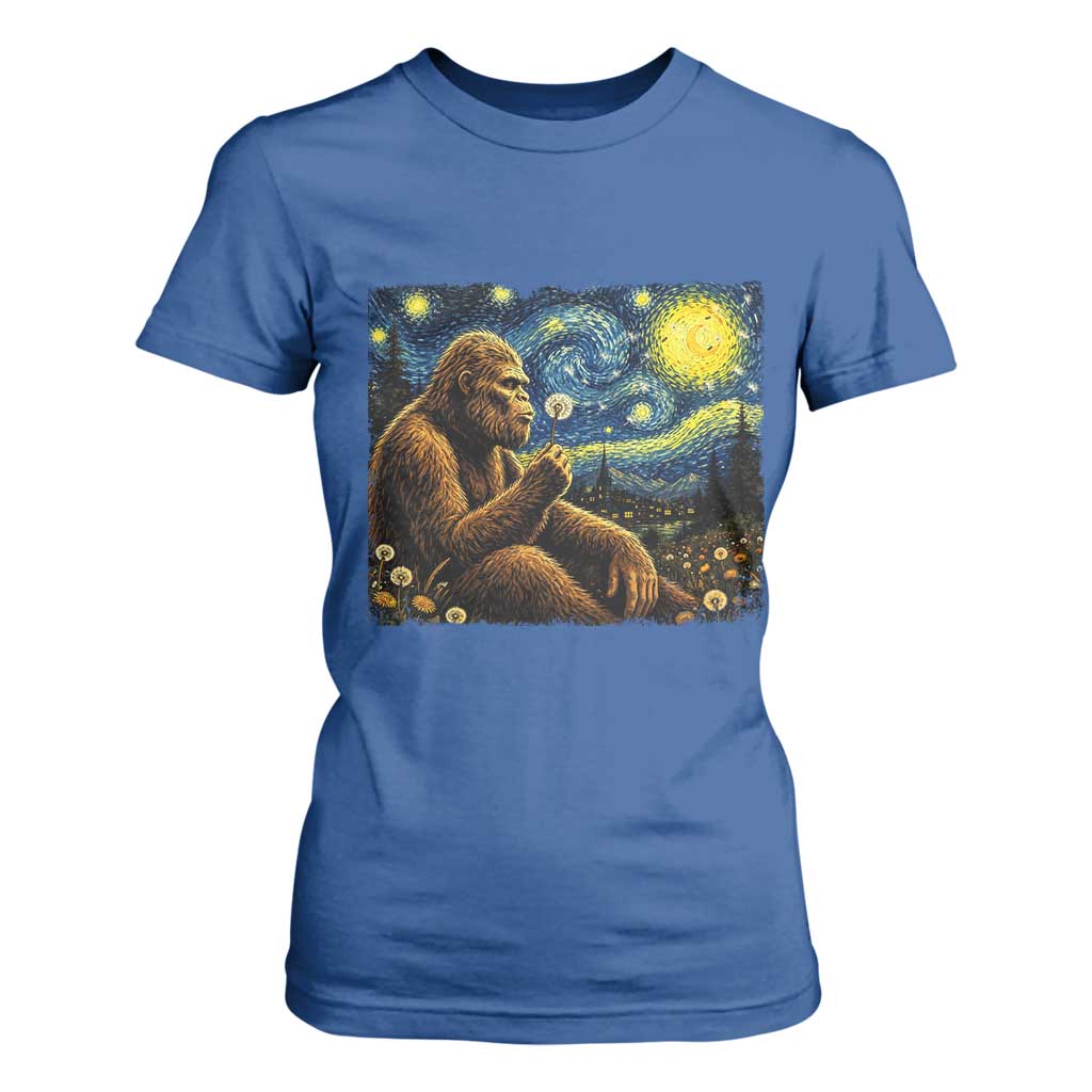 Bigfoot Blowing Dandelion Starry Night T Shirt For Women Cryptid Mythical Creature National Park Monster Gift TS14 Royal Blue Print Your Wear