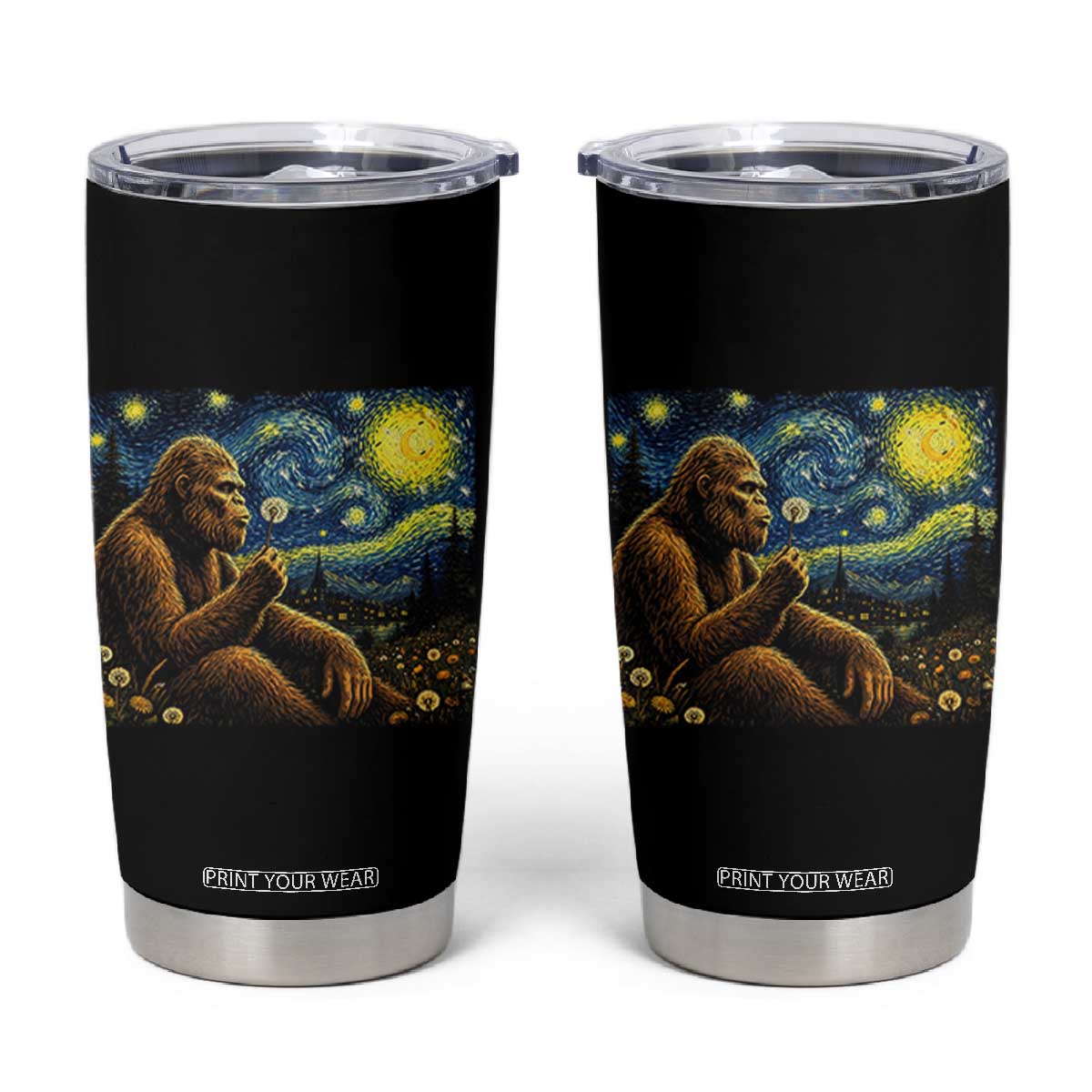 Bigfoot Blowing Dandelion Starry Night Tumbler Cup Cryptid Mythical Creature National Park Monster Gift TS14 Black Print Your Wear