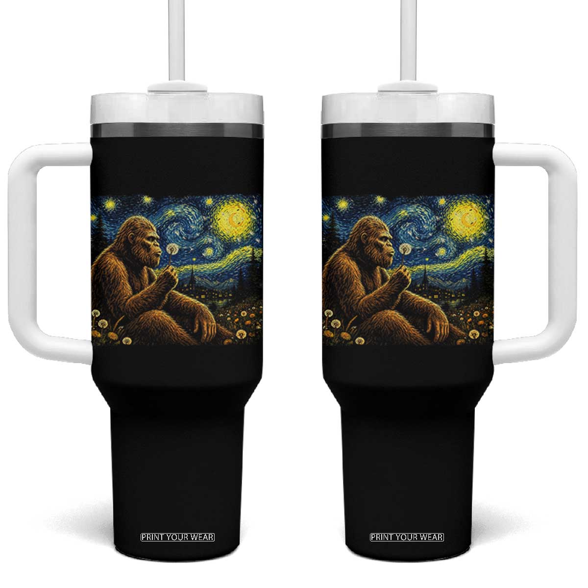 Bigfoot Blowing Dandelion Starry Night Tumbler With Handle Cryptid Mythical Creature National Park Monster Gift TS14 One Size: 40 oz Black Print Your Wear