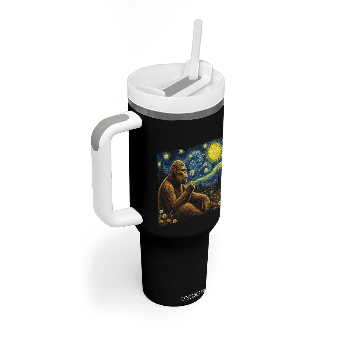 Bigfoot Blowing Dandelion Starry Night Tumbler With Handle Cryptid Mythical Creature National Park Monster Gift TS14 Print Your Wear