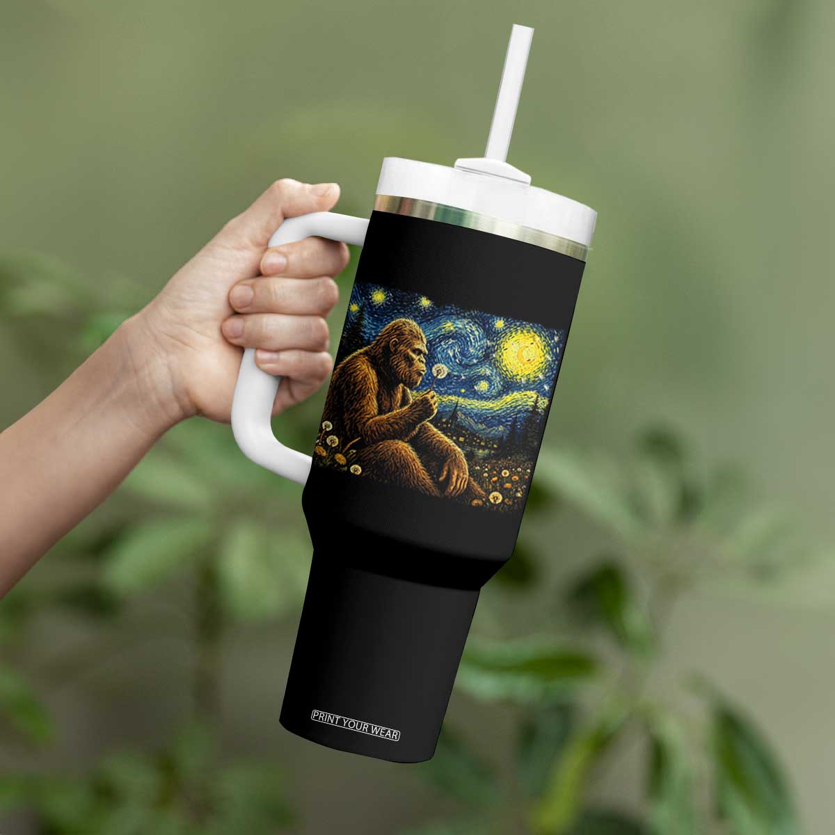 Bigfoot Blowing Dandelion Starry Night Tumbler With Handle Cryptid Mythical Creature National Park Monster Gift TS14 Print Your Wear