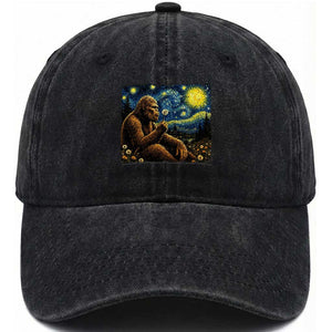 Bigfoot Blowing Dandelion Starry Night Washed Cotton Baseball Cap Cryptid Mythical Creature National Park Monster Gift