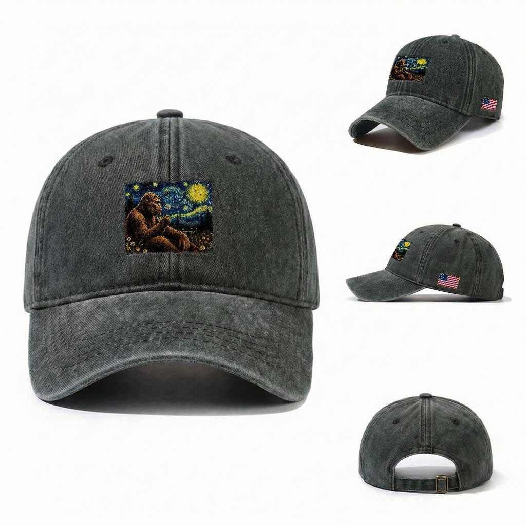 Bigfoot Blowing Dandelion Starry Night Washed Cotton Baseball Cap Cryptid Mythical Creature National Park Monster Gift