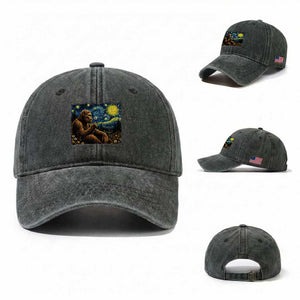 Bigfoot Blowing Dandelion Starry Night Washed Cotton Baseball Cap Cryptid Mythical Creature National Park Monster Gift