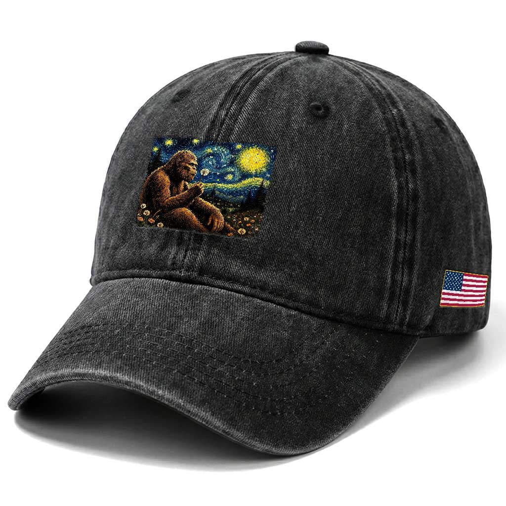 Bigfoot Blowing Dandelion Starry Night Washed Cotton Baseball Cap Cryptid Mythical Creature National Park Monster Gift