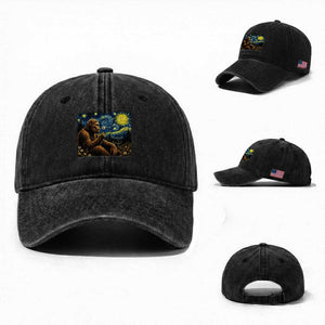 Bigfoot Blowing Dandelion Starry Night Washed Cotton Baseball Cap Cryptid Mythical Creature National Park Monster Gift