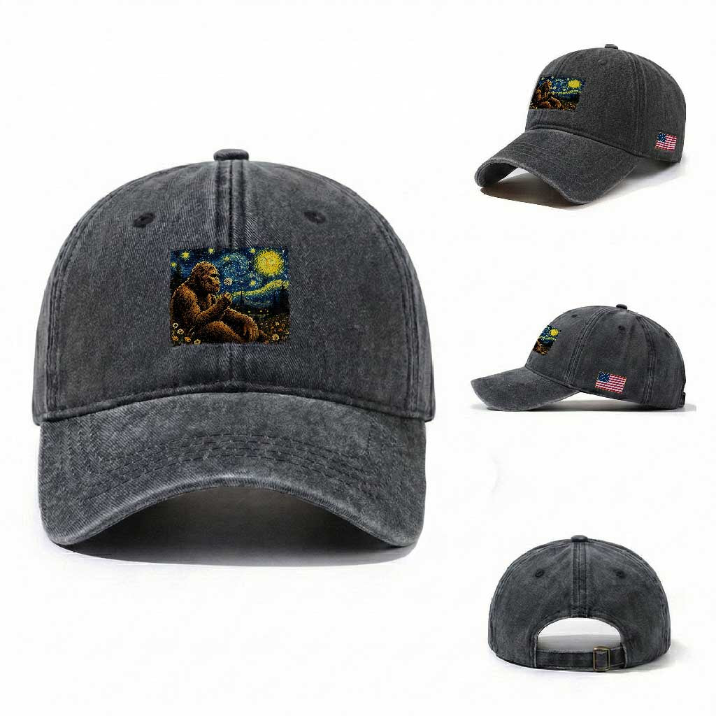 Bigfoot Blowing Dandelion Starry Night Washed Cotton Baseball Cap Cryptid Mythical Creature National Park Monster Gift