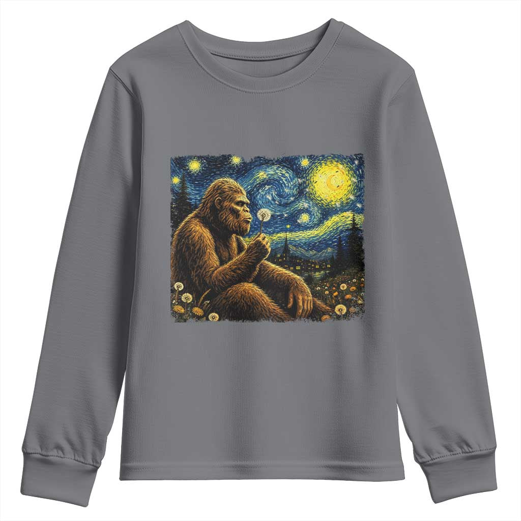 Bigfoot Blowing Dandelion Starry Night Youth Sweatshirt Cryptid Mythical Creature National Park Monster Gift TS14 Charcoal Print Your Wear