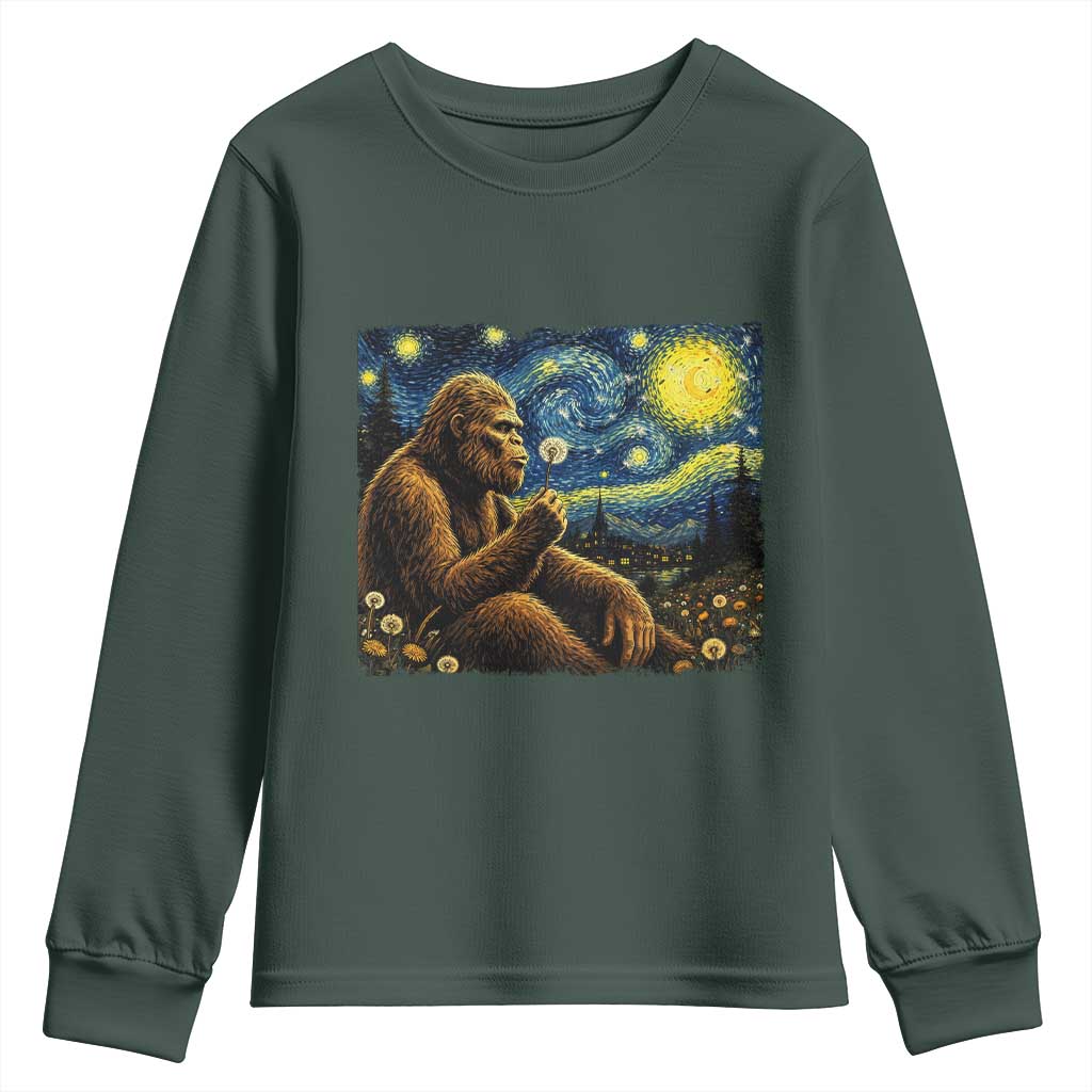 Bigfoot Blowing Dandelion Starry Night Youth Sweatshirt Cryptid Mythical Creature National Park Monster Gift TS14 Dark Forest Green Print Your Wear
