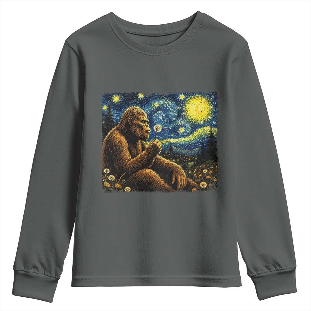 Bigfoot Blowing Dandelion Starry Night Youth Sweatshirt Cryptid Mythical Creature National Park Monster Gift TS14 Dark Heather Print Your Wear