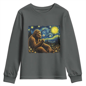 Bigfoot Blowing Dandelion Starry Night Youth Sweatshirt Cryptid Mythical Creature National Park Monster Gift TS14 Dark Heather Print Your Wear