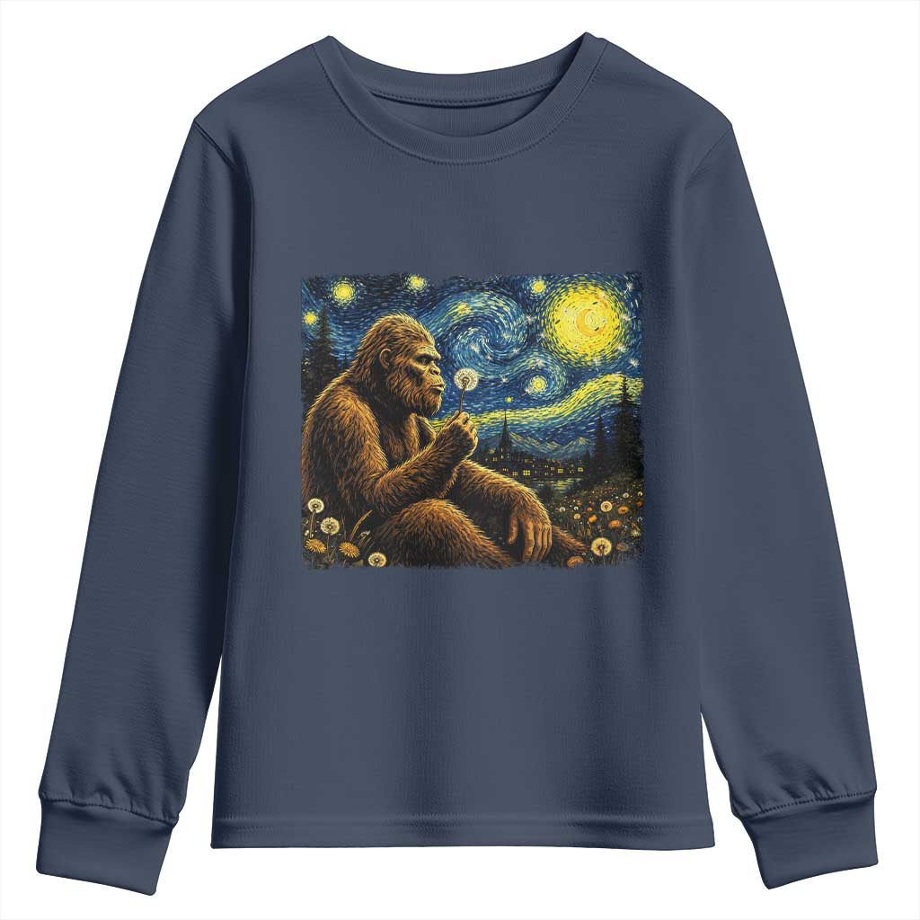 Bigfoot Blowing Dandelion Starry Night Youth Sweatshirt Cryptid Mythical Creature National Park Monster Gift TS14 Navy Print Your Wear