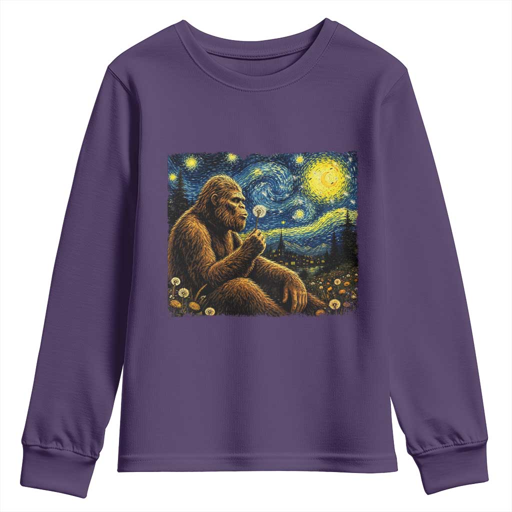 Bigfoot Blowing Dandelion Starry Night Youth Sweatshirt Cryptid Mythical Creature National Park Monster Gift TS14 Purple Print Your Wear
