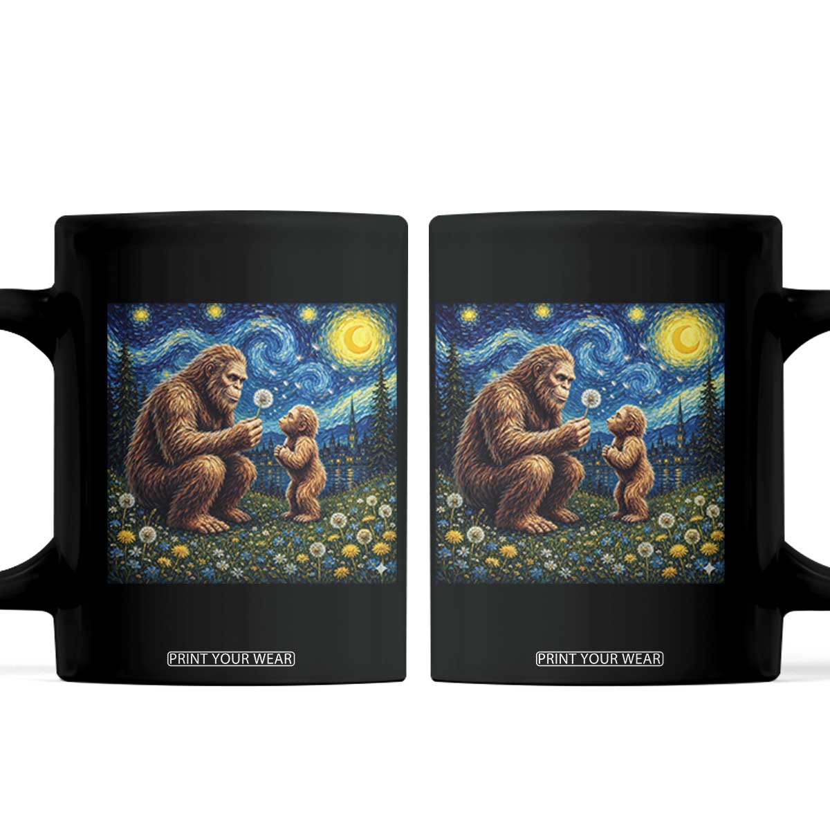 Bigfoot Blowing Dandelion Starry Night Coffee Mug Sasquatch Dad Fathers Day Father Son Matching TS14 Black Print Your Wear