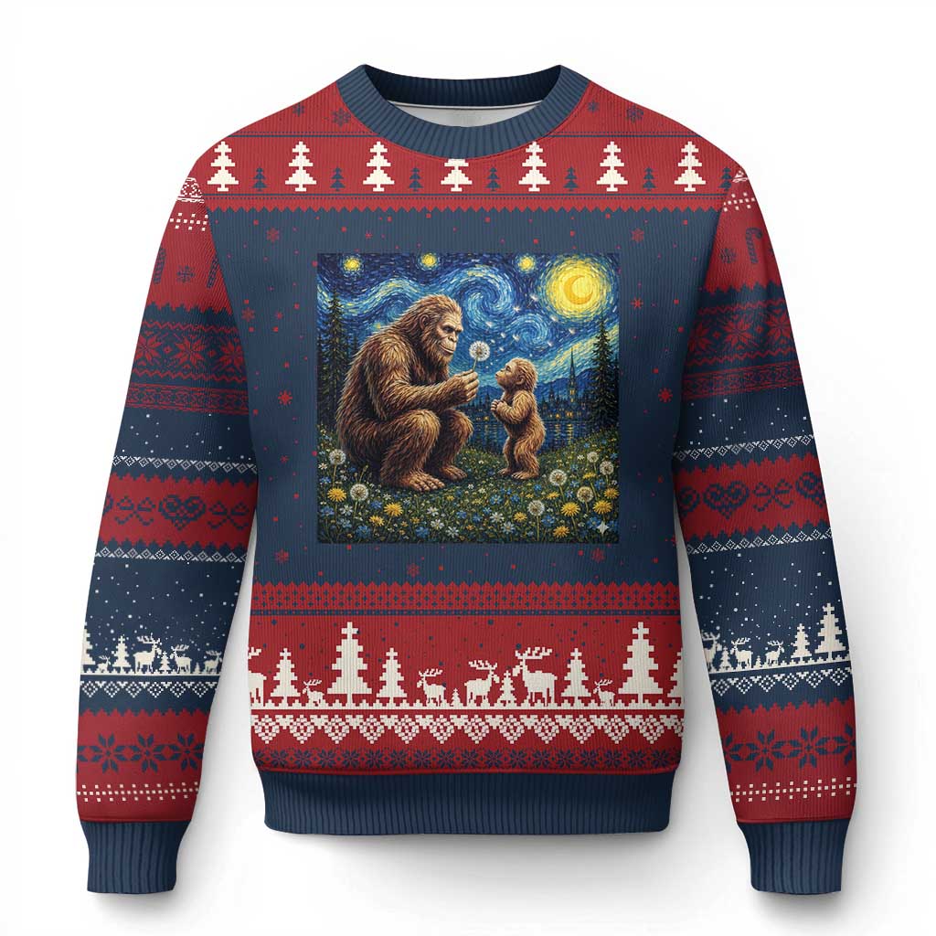 Bigfoot Blowing Dandelion Starry Night Ugly Christmas Sweater Sasquatch Dad Fathers Day Father Son Matching TS14 Navy Red Print Your Wear