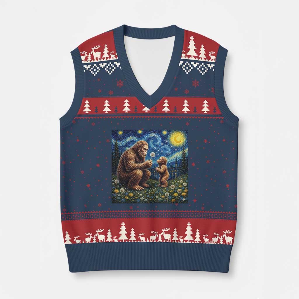 Bigfoot Blowing Dandelion Starry Night V-Neck Knit Sweater Vest Sasquatch Dad Fathers Day Father Son Matching TS14 Navy Red Print Your Wear
