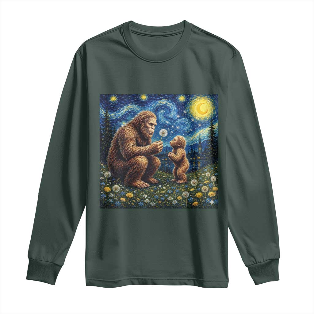 Bigfoot Blowing Dandelion Starry Night Long Sleeve Shirt Sasquatch Dad Fathers Day Father Son Matching TS14 Dark Forest Green Print Your Wear